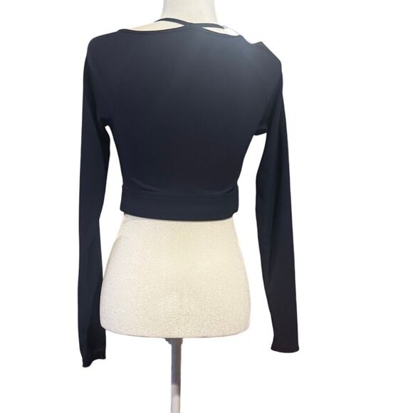 Halara Navy Ribbed Long Sleeve Crop Top with Strappy Detail Size M NWT - Picture 3 of 6
